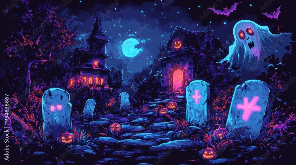 Obraz premium A Halloween themed painting of a graveyard with a ghost