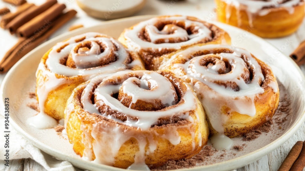Delicious cinnamon rolls with creamy icing, perfect for brunch or dessert, served on a rustic plate with cinnamon sticks. Delicious cinnamon rolls with creamy icing, perfect for brunch or dessert, served on a rustic plate with cinnamon sticks.