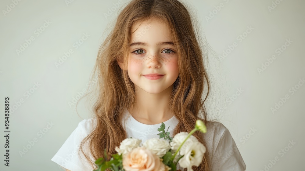 Happy Little Girl Holding a Bouquet of Flowers Happy Little Girl Holding a Bouquet of Flowers