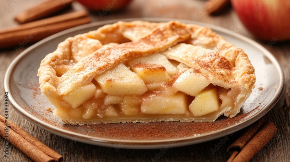 Delicious homemade apple pie, with golden crust and cinnamon spice, served on a rustic plate, perfect for dessert lovers. Delicious homemade apple pie, with golden crust and cinnamon spice, served on a rustic plate, perfect for dessert lovers.