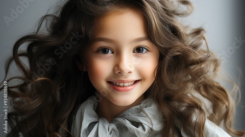 portrait of happy asian girl on gray background.