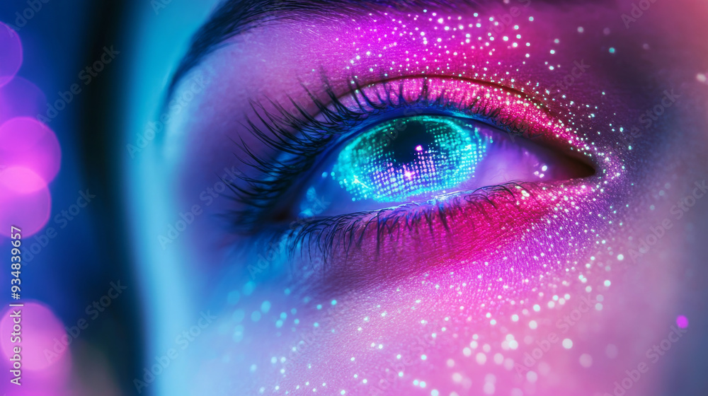 Cutting-edge AI woman's eye featuring technology in shades of pink, blue, and green. Cutting-edge AI woman's eye featuring technology in shades of pink, blue, and green.