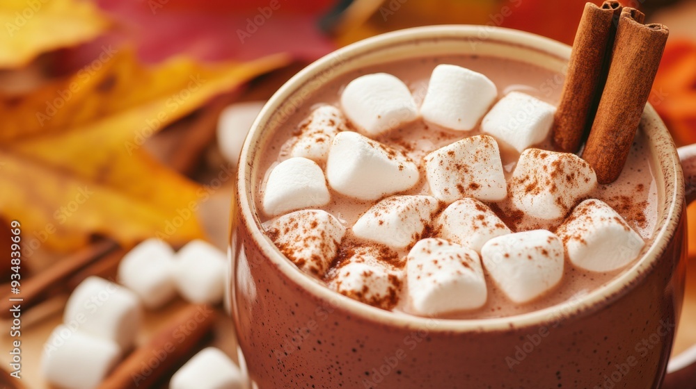 Warm cup of hot chocolate topped with fluffy marshmallows and cinnamon, perfect for cozy autumn days and winter celebrations. Warm cup of hot chocolate topped with fluffy marshmallows and cinnamon, perfect for cozy autumn days and winter celebrations.