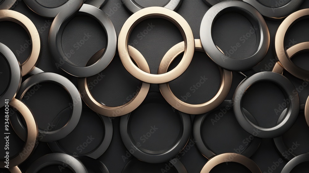 Abstract composition of interlocking rings in black and gold tones, creating a modern and elegant visual texture. Abstract composition of interlocking rings in black and gold tones, creating a modern and elegant visual texture.