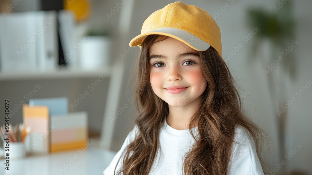Portrait of a Smiling Little Girl Wearing a Yellow Baseball Cap Portrait of a Smiling Little Girl Wearing a Yellow Baseball Cap
