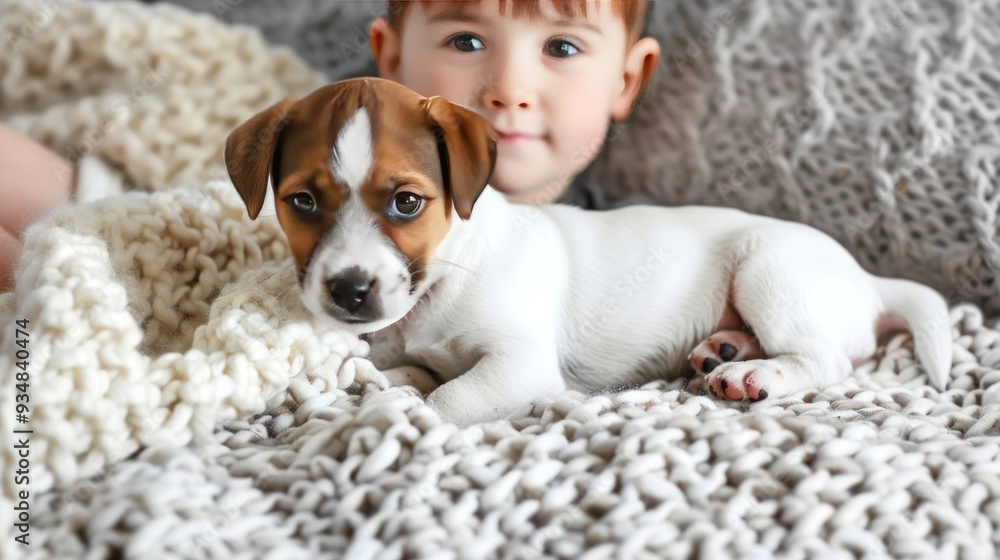 Child and puppy cuddling on a blanket. Child and puppy cuddling on a blanket.