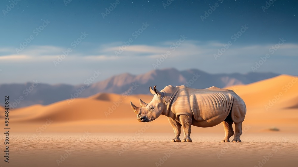 Fototapeta premium Powerful rhinoceros standing amidst the moonlit desert, with its rugged form and horn illuminated by the starry sky and sand dunes.
