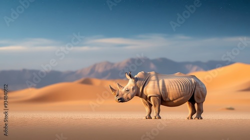 Powerful rhinoceros standing amidst the moonlit desert, with its rugged form and horn illuminated by the starry sky and sand dunes.