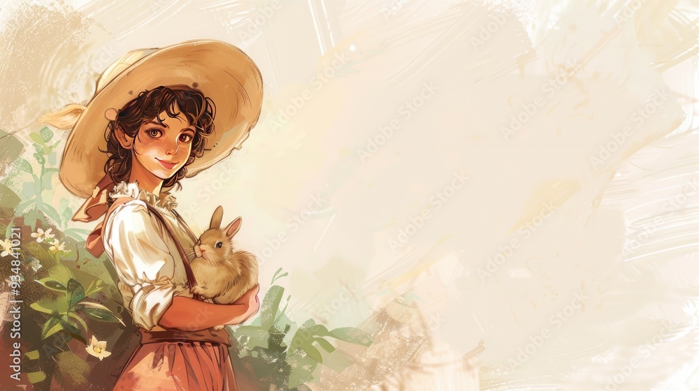Young woman in straw hat holding a rabbit. Young woman in straw hat holding a rabbit.