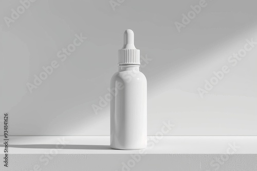 White Dropper Bottle on a White Shelf Against a White Wall