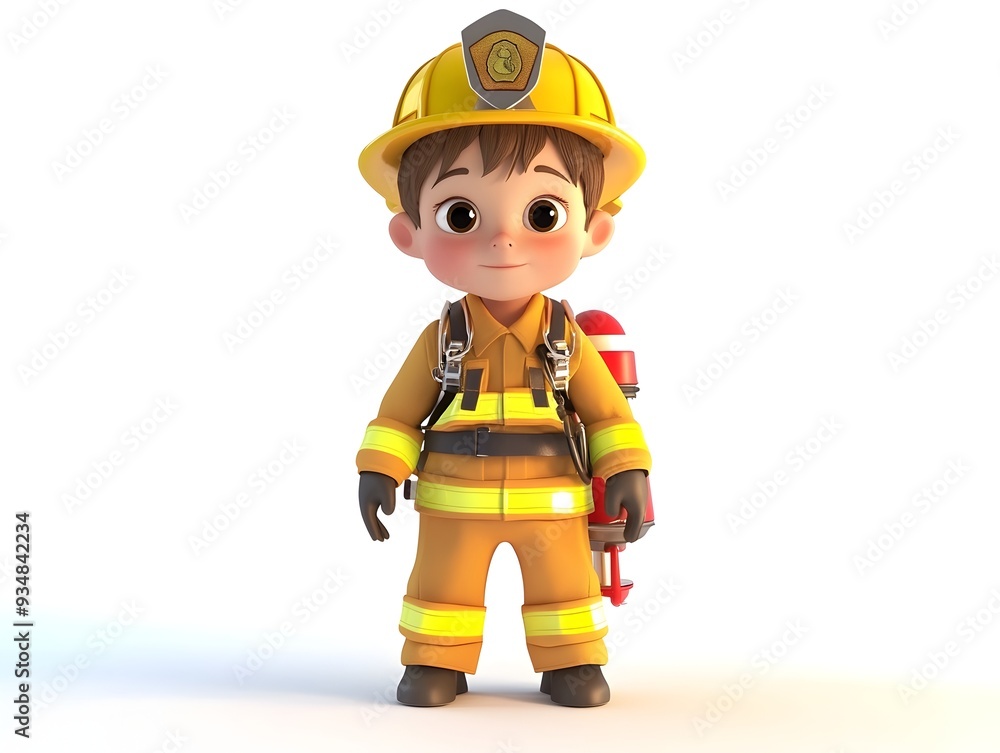 Brave 3D animated boy character in full firefighter uniform stands centered on a clean white studio background Brave 3D animated boy character in full firefighter uniform stands centered on a clean white studio background