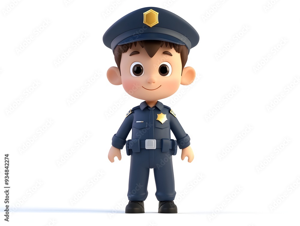 Detailed 3D Animation of a Full Body Young Boy in Police Officer Uniform Standing Centered on an Isolated White Background with No Shadow Detailed 3D Animation of a Full Body Young Boy in Police Officer Uniform Standing Centered on an Isolated White Background with No Shadow
