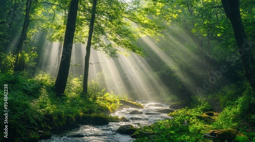 Fototapeta Naklejka Na Ścianę i Meble -  Connect with nature in a lush green forest with sun rays filtering through the trees and a serene stream flowing through the landscape