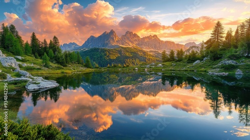 Embrace natural beauty with a tranquil mountain lake reflecting the surrounding peaks and a vibrant sunset sky