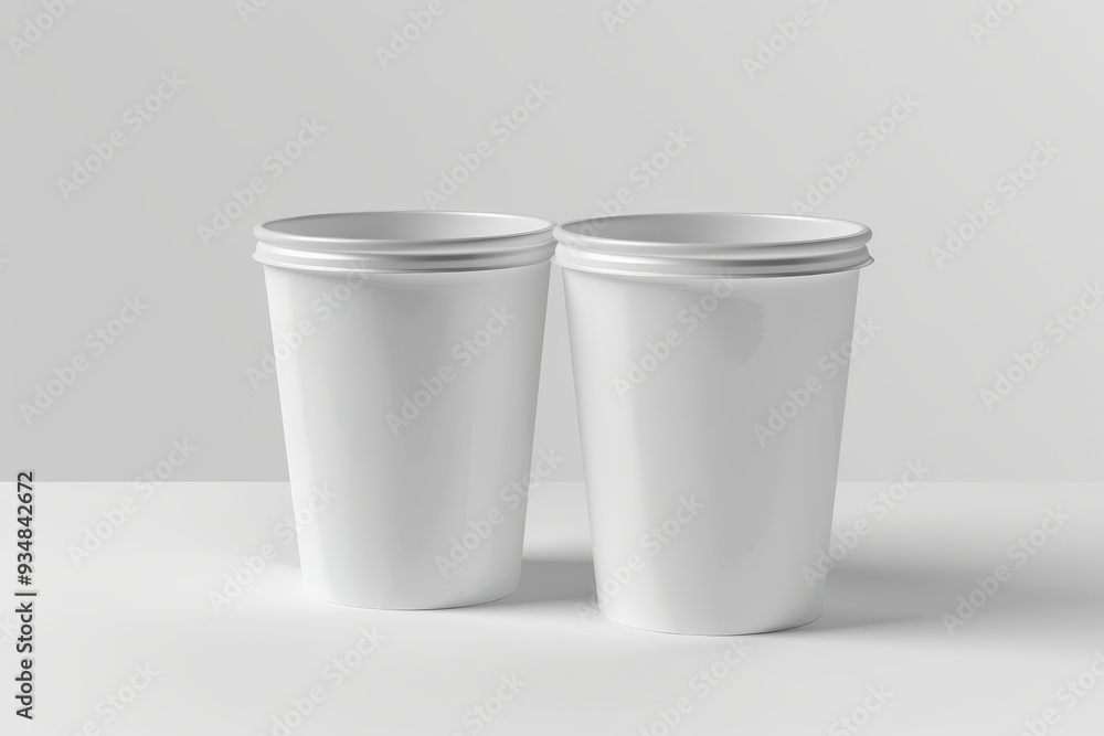 Two White Disposable Cups on a White Surface Two White Disposable Cups on a White Surface