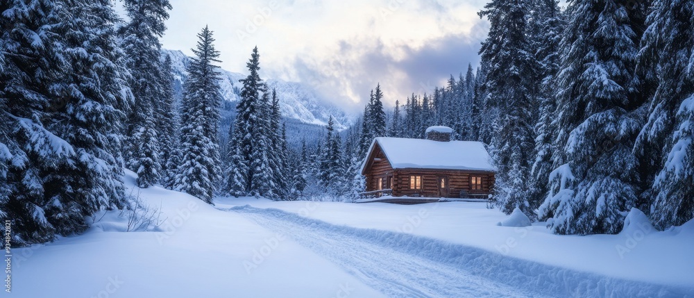 Relish nature's charm in a pristine snow-covered landscape with a cozy cabin nestled among towering pine trees Relish nature's charm in a pristine snow-covered landscape with a cozy cabin nestled among towering pine trees