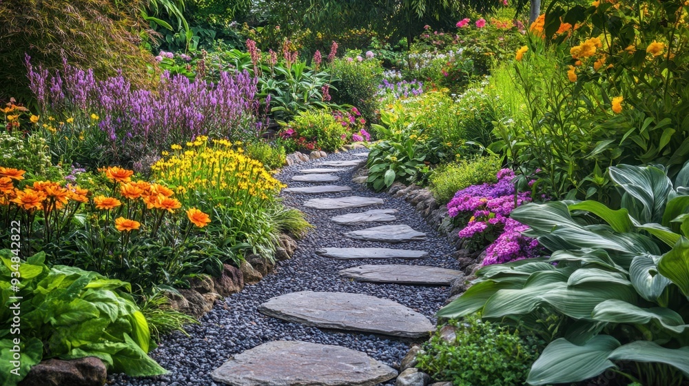 Naklejka premium Engage with the natural world in a peaceful garden with a winding stone path surrounded by colorful flowers and lush greenery