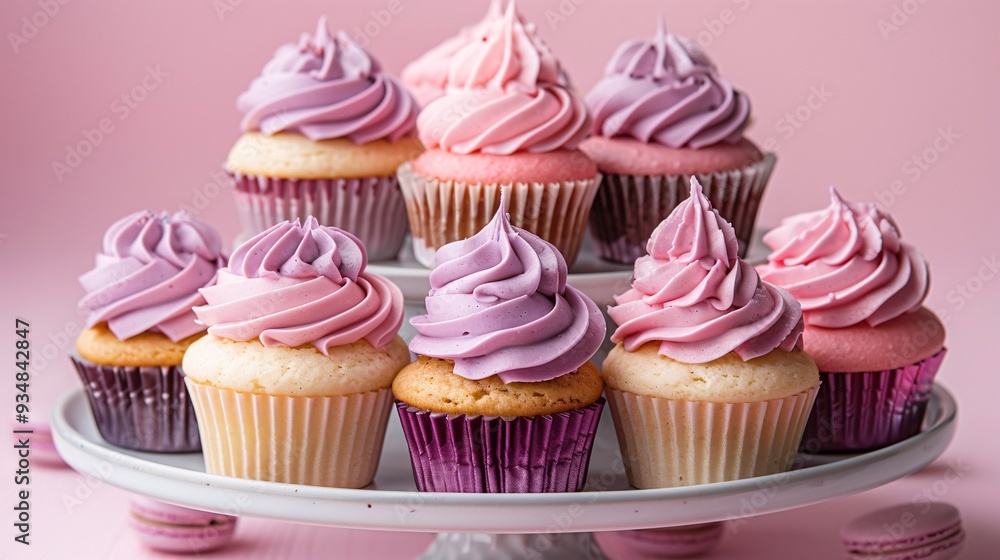 Charming Still Life of Pink and Purple Frosted Cupcakes Charming Still Life of Pink and Purple Frosted Cupcakes