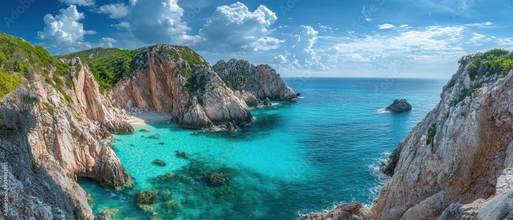 Fototapeta premium Immerse in nature with a stunning coastal cliff view overlooking turquoise waters and rugged rock formations under a bright sky