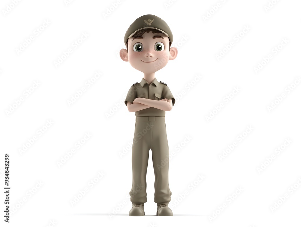 3D animation of a full body soldier boy wearing a camouflage military uniform standing at attention in the center of a clean white background with no shadows or distractions 3D animation of a full body soldier boy wearing a camouflage military uniform standing at attention in the center of a clean white background with no shadows or distractions