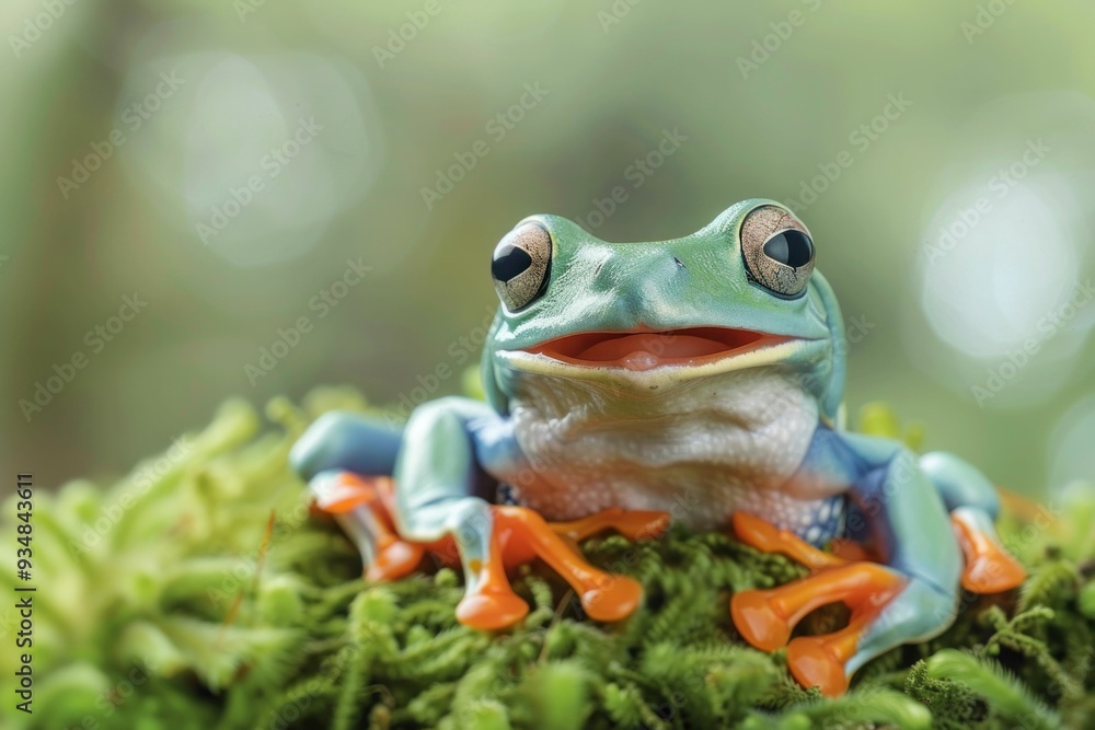 Fototapeta premium Frog sitting on top of mossy green plant with mouth open in natural beauty of wilderness environment