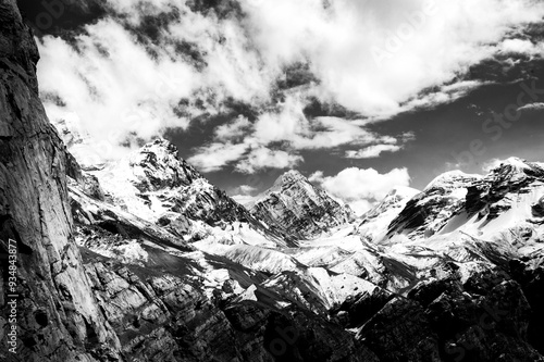 Black and White Snow-Covered Peaks on the Annapurna Trek