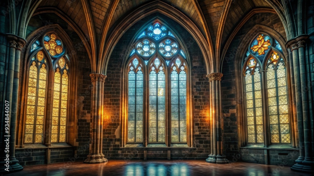 Eerie cathedral windows glowing in darkness, hinting at hidden secrets Eerie cathedral windows glowing in darkness, hinting at hidden secrets