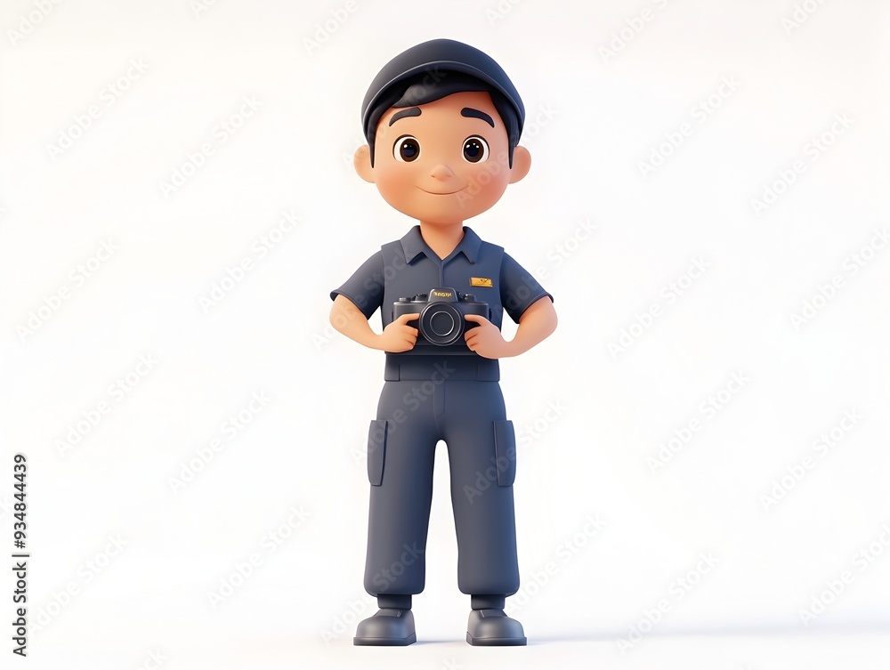Energetic 3D Animated Boy in Photographer Uniform Standing Confidently at the Center of a Clean White Studio Background Energetic 3D Animated Boy in Photographer Uniform Standing Confidently at the Center of a Clean White Studio Background
