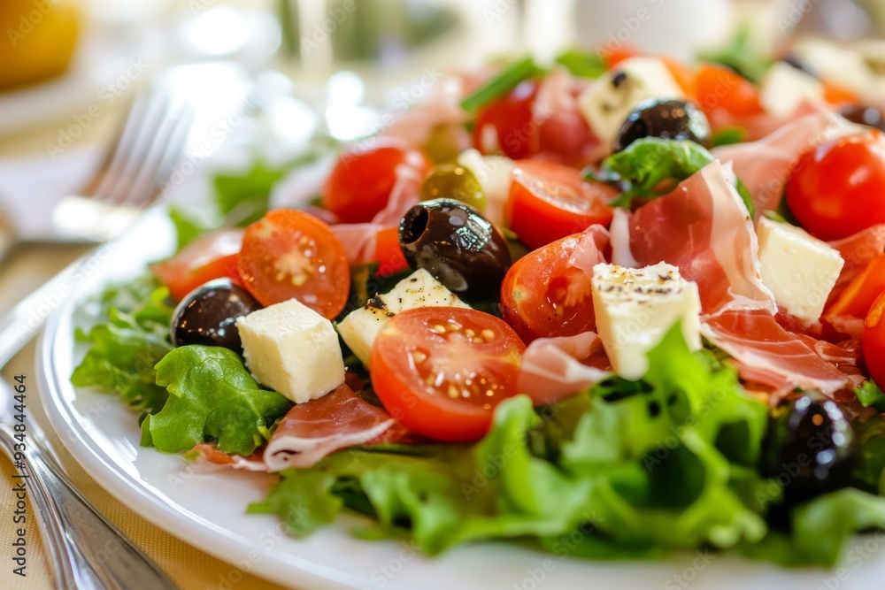 A photo of prosciutto salad on a white plate, on a table with silverware in a restaurant. Generative AI A photo of prosciutto salad on a white plate, on a table with silverware in a restaurant. Generative AI
