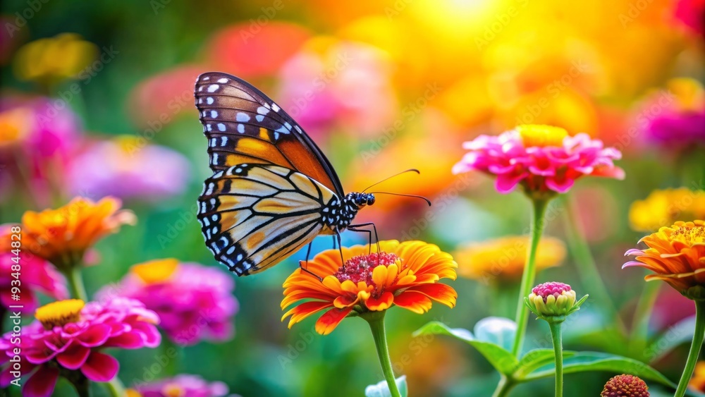 Fototapeta premium Butterfly resting on a colorful flower in a garden