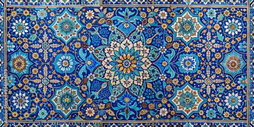 Traditional Persian mosaic wall with geometric and floral designs in Iran blue ceramic tile background photo