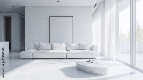 Modern living room, white interior design style. Mockup canvas over sofa. 3D illustration.