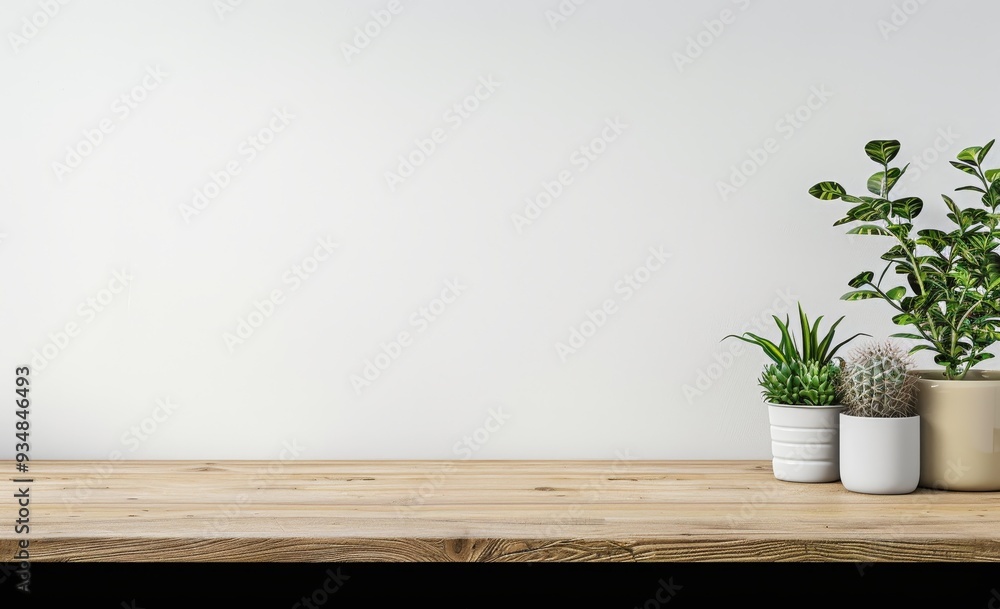 Wooden Tabletop with Potted Plants Against a White Wall Wooden Tabletop with Potted Plants Against a White Wall