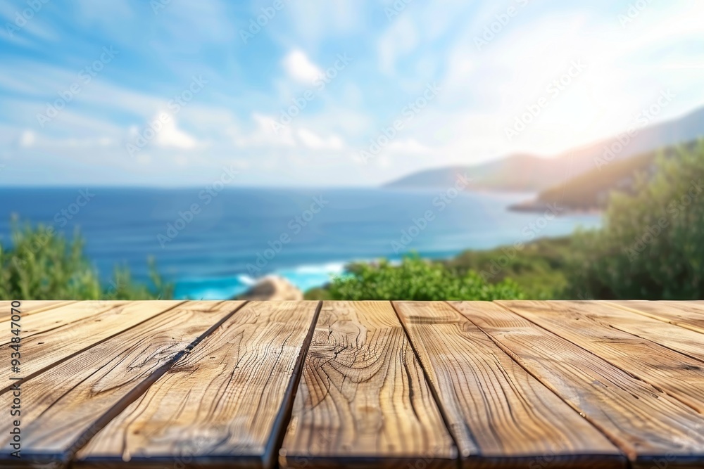 Fototapeta premium Wooden Tabletop with Blurred View of Sea and Coastline