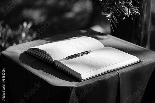 Elegant Guestbook for Condolences with Pen on Black Tablecloth at Funeral Service photo