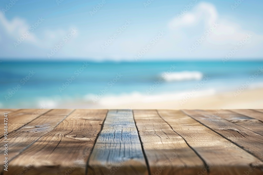 Wooden Plank Tabletop with Blurry Beach Background Wooden Plank Tabletop with Blurry Beach Background