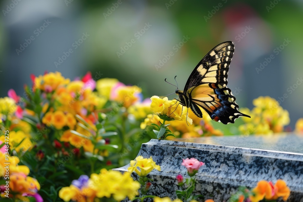 Obraz premium Butterfly on Headstone with Fresh Flowers Symbolizing Hope and Endurance, Tranquil Transformation