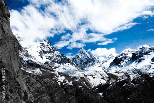 Snow-Covered Himalayan Peaks Under Clear Blue Sky on the Annapurna Trek