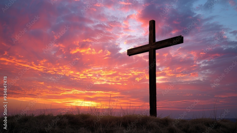 Wooden Cross Symbolizing Faith and Hope in the Glow of Sunset, Divine Silhouette Wooden Cross Symbolizing Faith and Hope in the Glow of Sunset, Divine Silhouette