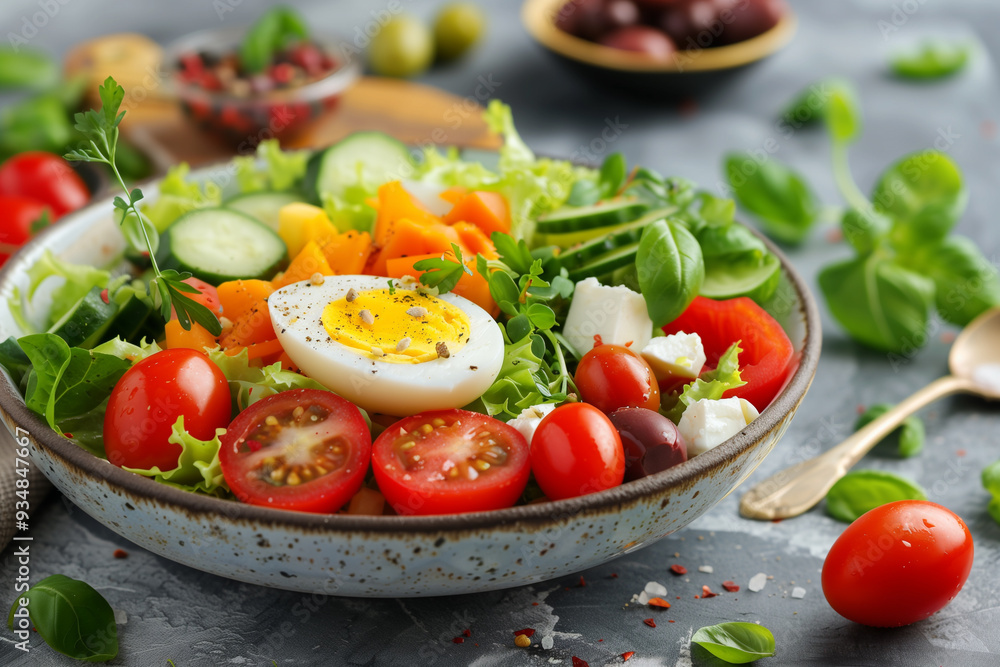 Fresh and healthy mediterranean diet lunch concept. A colorful salad bowl filled with boiled egg, assorted vegetables, and flavorful olives, showcasing a nutritious and delicious meal option. Fresh and healthy mediterranean diet lunch concept. A colorful salad bowl filled with boiled egg, assorted vegetables, and flavorful olives, showcasing a nutritious and delicious meal option.