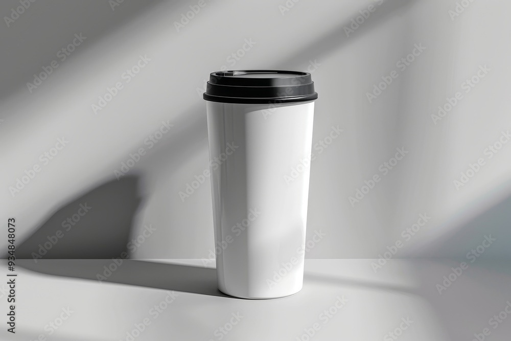 White Coffee Cup with Black Lid on White Table White Coffee Cup with Black Lid on White Table