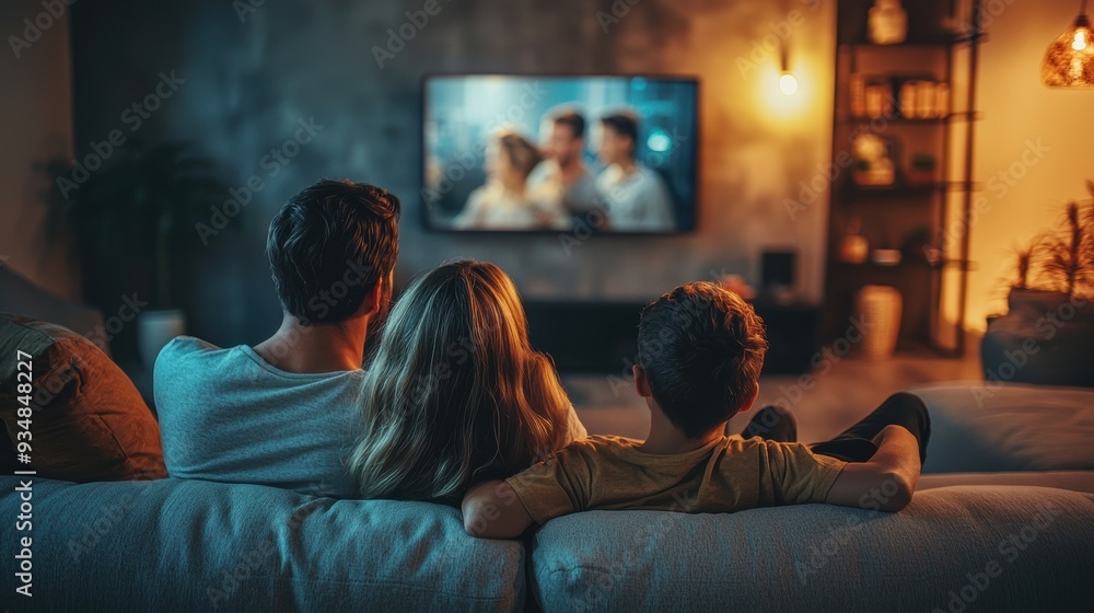 A cozy family sitting on a modern sofa in a stylish living room, all eyes glued to a large flat-screen TV as they stream a popular movie. The room is softly lit, creating a warm and inviting A cozy family sitting on a modern sofa in a stylish living room, all eyes glued to a large flat-screen TV as they stream a popular movie. The room is softly lit, creating a warm and inviting