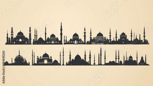 Collection of silhouettes of Muslim cities for architectural or historical design purposes. #934848260