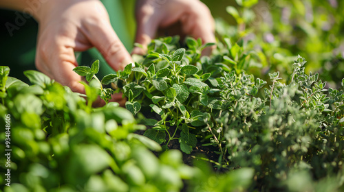 A gardener is gently picking fresh herbs like oregano and thyme, surrounded by lush greenery under the warm sun in a vibrant garden