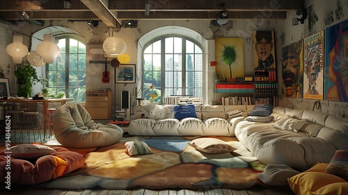 Funny living area with floating sofas and oddball decorations