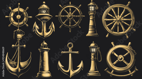 Collection of nautical or maritime icons featuring an anchor, ship's wheel, crossed tridents, lighthouse, bell, compass, and spyglass for marine heraldry design. photo