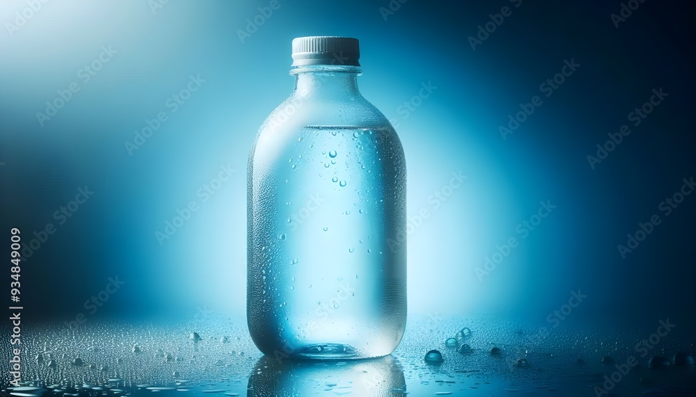 Transparent water bottle with condensation on blue surface. Transparent water bottle with condensation on blue surface.