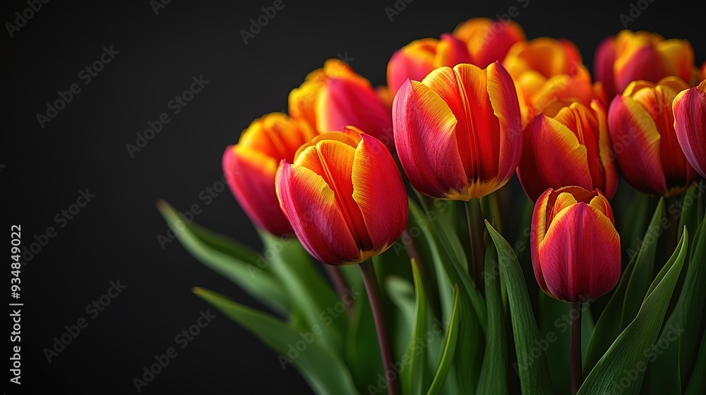 red yellow tulip flowers blooming on a white background, close-up. Wedding background, Valentine's Day concept. Bouquet on black background, closeup red yellow tulip flowers blooming on a white background, close-up. Wedding background, Valentine's Day concept. Bouquet on black background, closeup