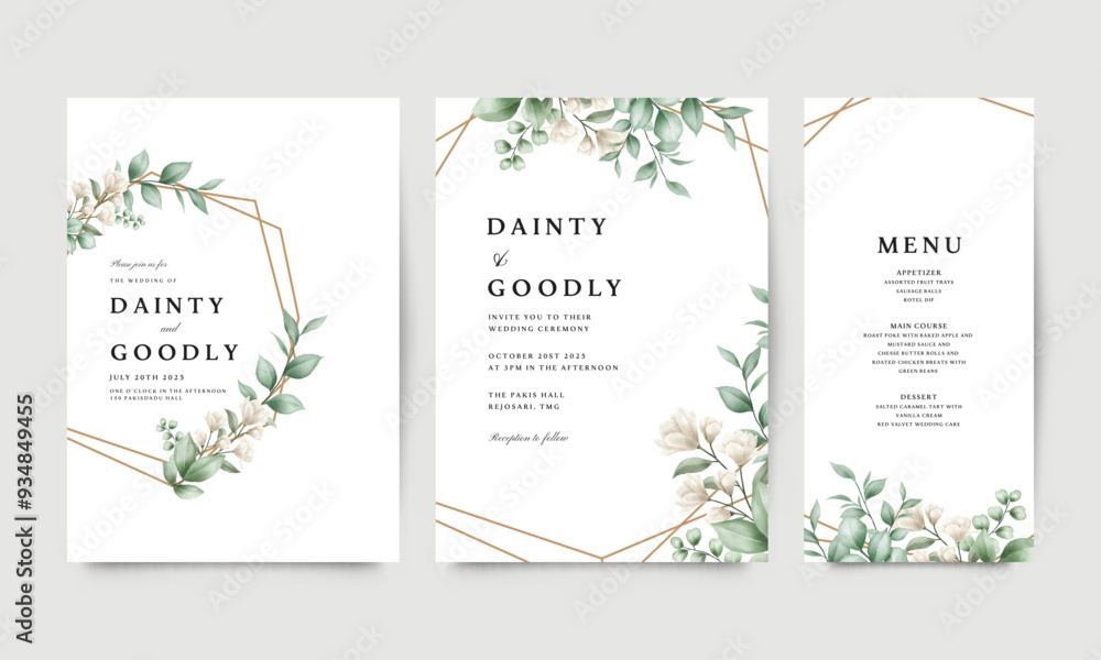 Elegant set of wedding invitation templates with geometric gold frame and floral watercolor Elegant set of wedding invitation templates with geometric gold frame and floral watercolor
