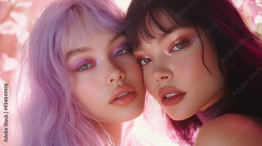 Two young women embrace joyfully, one with lavender hair, the other with a burgundy bob, in warm light. Two young women embrace joyfully, one with lavender hair, the other with a burgundy bob, in warm light.